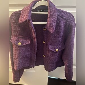 Zara cropped jacket in plum with gold buttons